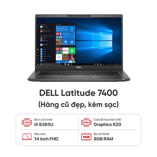 Laptop DELL Latitude 7400 / I5 8365U / 8GB RAM / 256GB SSD / Màn 14 inch FHD / Vỏ CARBON / Kèm sạc - Hàng cũ đẹp